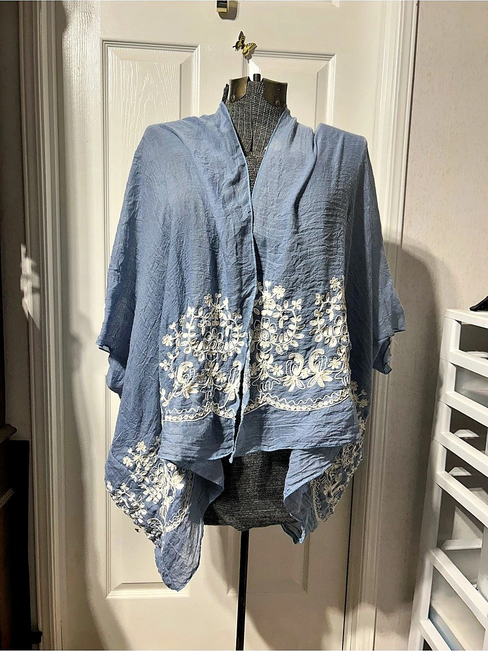Boho Blue Embroidered Tunic Cover Up Shawl